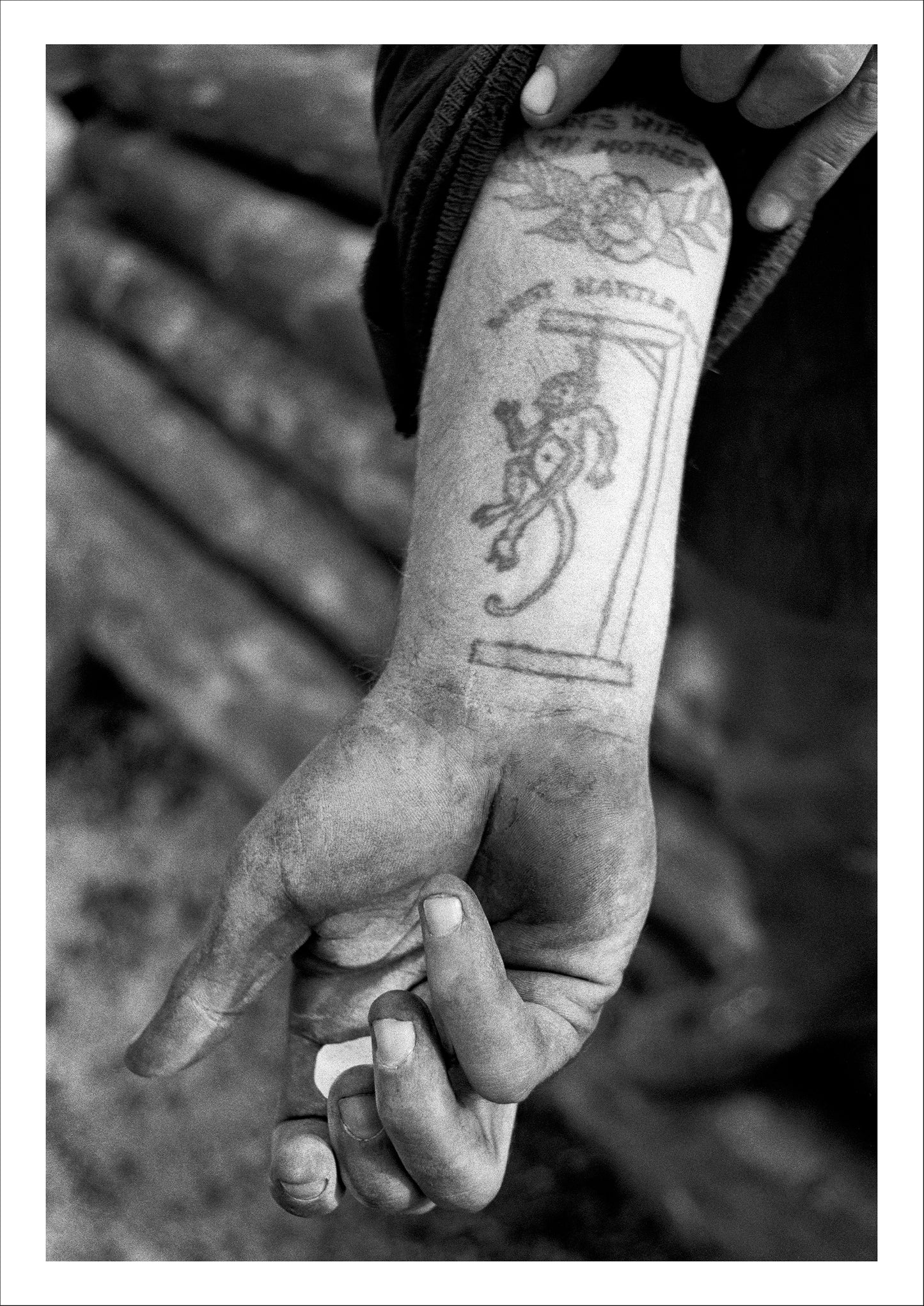 Woodyard worker's tattoo of the Hartlepool Monkey. Seaton Carew, Co. Durham, 1974