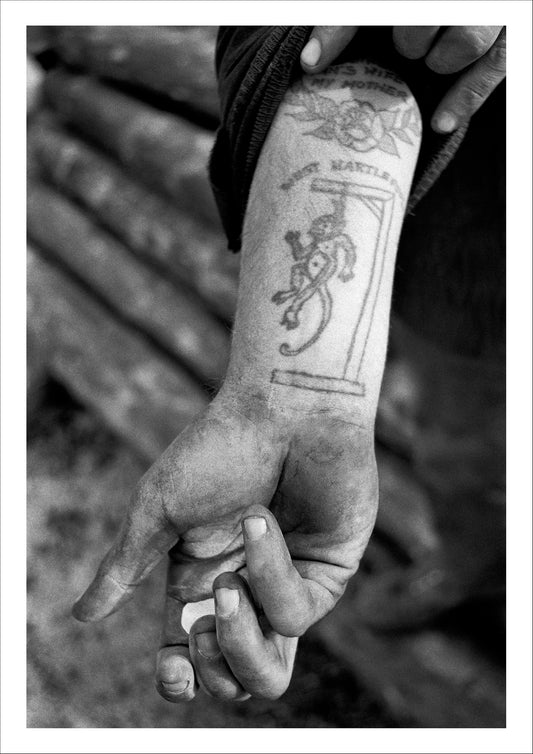 Woodyard worker's tattoo of the Hartlepool Monkey. Seaton Carew, Co. Durham, 1974